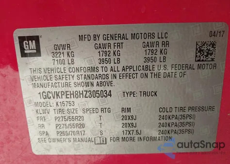 2017 Chevrolet Silverado 1500 Custom from USA, damaged, VIN 1GCVKPEH8HZ305034